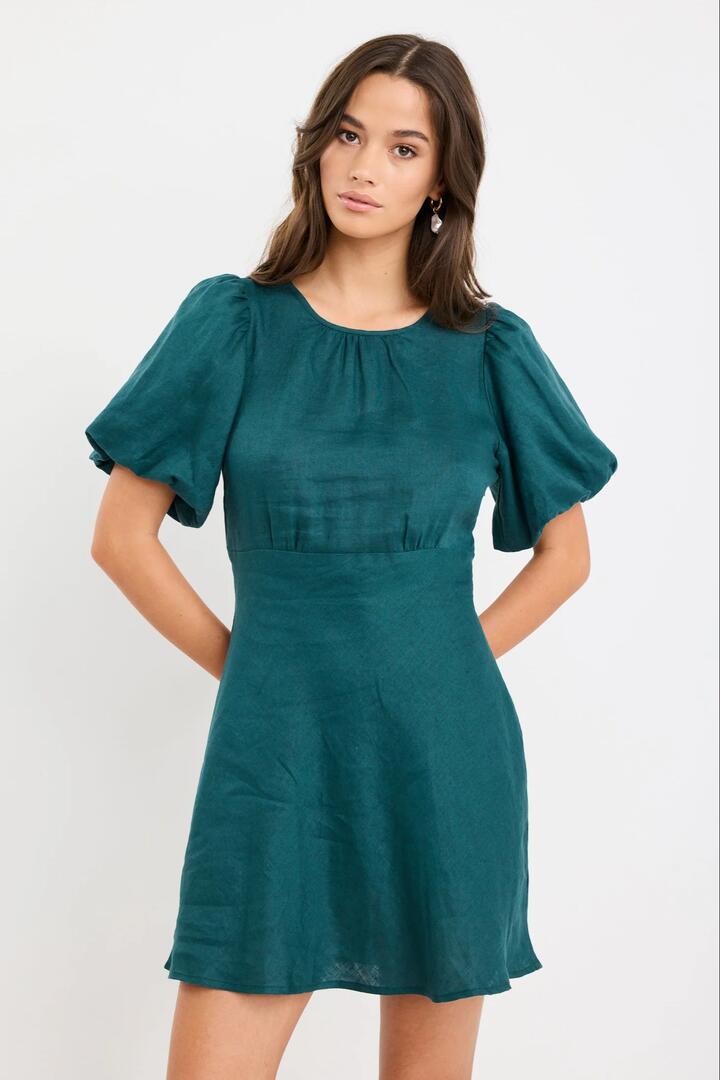 Image of Dresses. Product name - Delphine Forest Linen Puff Sleeve Mini Dress in Forest colour by brand - Stories be Told