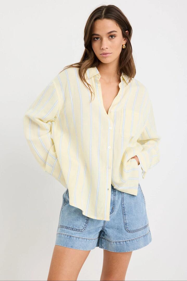 Image of Shirts. Product name - Exalted Yellow Stripe Linen Viscose Oversized Shirt in Yellow Stripe colour by brand - RE:UNION Label