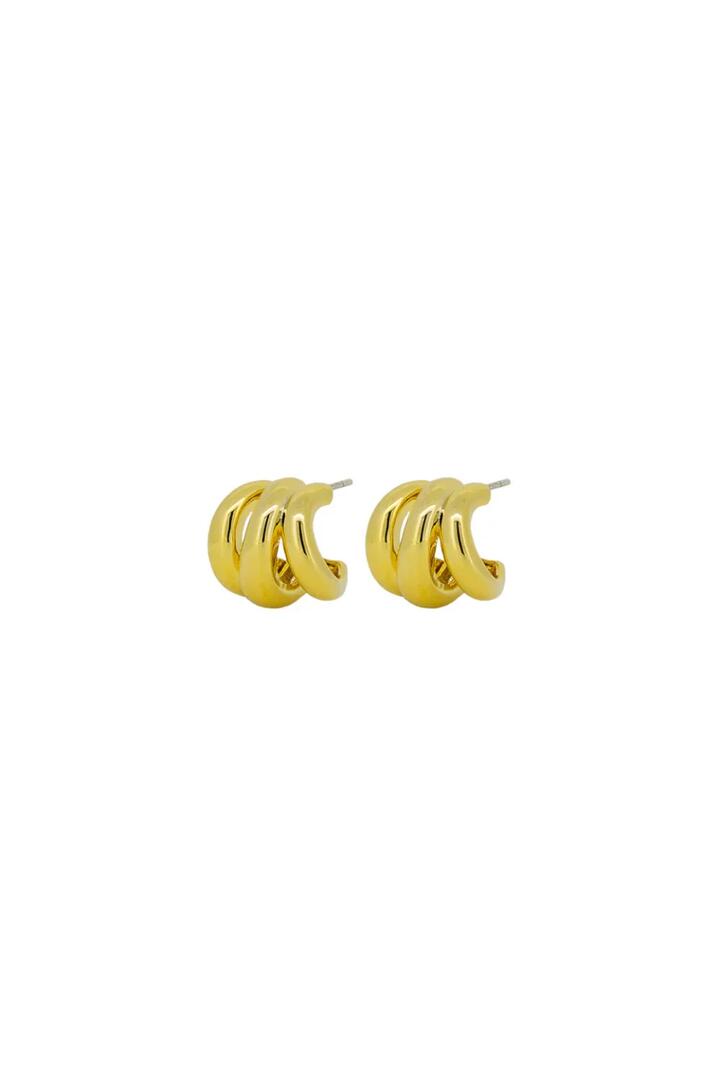 Image of Jewelry. Product name - Sol Triple Gold Small Hoop Stud Earrings in Gold colour by brand - Jolie + Deen