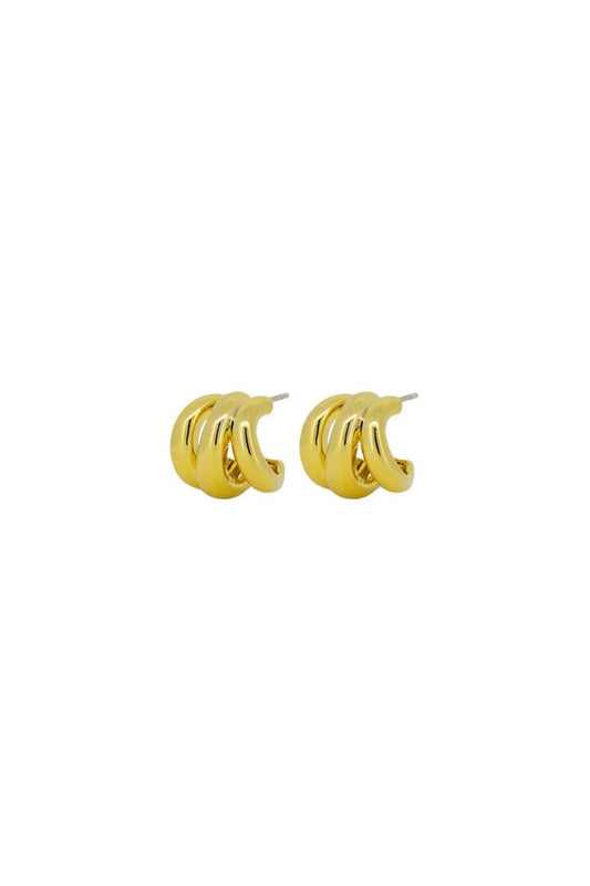 Image of Jewelry. Product name - Sol Triple Gold Small Hoop Stud Earrings in Gold colour by brand - Jolie + Deen