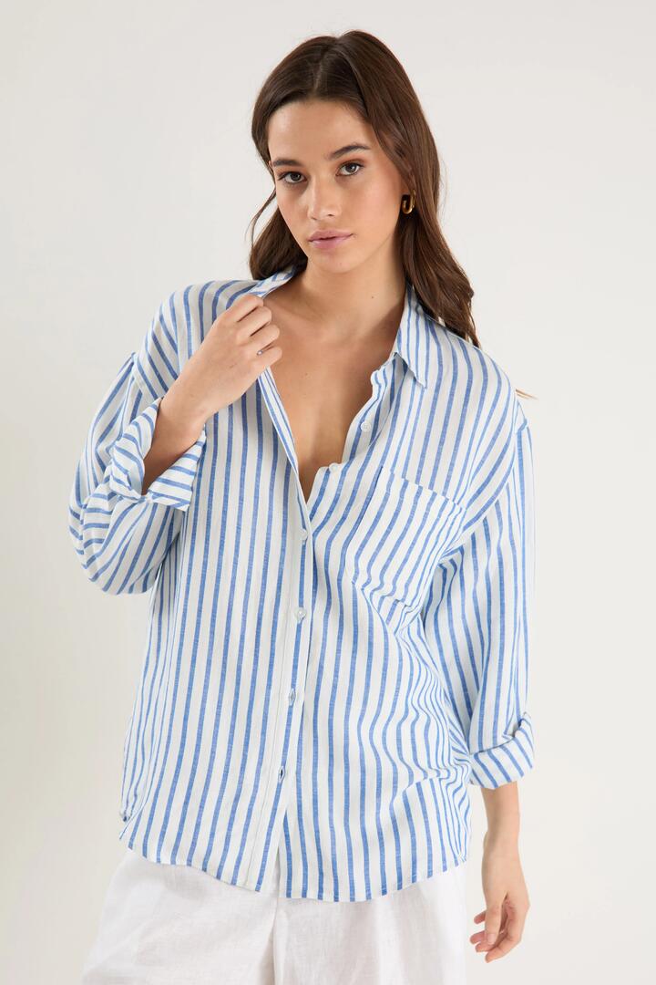 Image of Shirts. Product name - Exalted Blue Stripe Linen Viscose Oversized Shirt in Blue Stripe colour by brand - RE:UNION Label