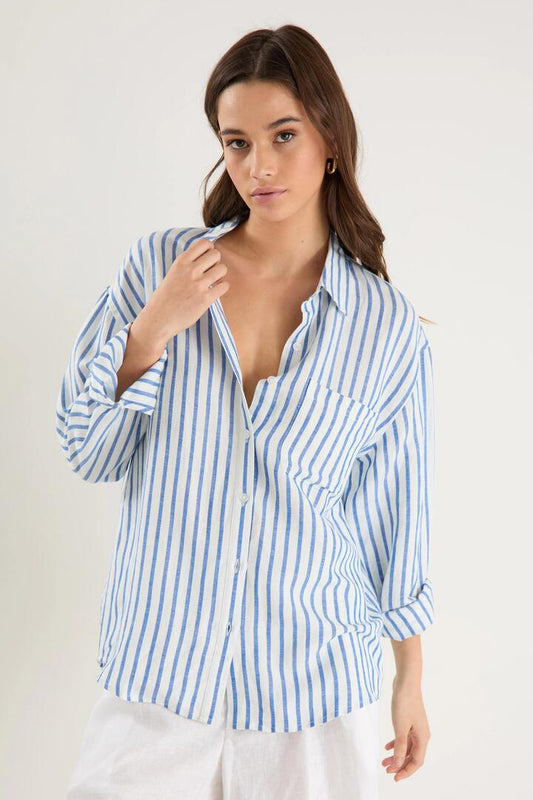 Image of Shirts. Product name - Exalted Blue Stripe Linen Viscose Oversized Shirt in Blue Stripe colour by brand - RE:UNION Label