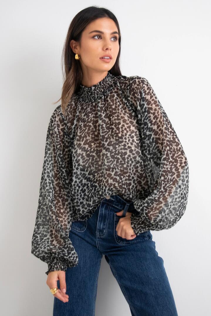Image of a model wearing Tops. Product name - Emphatic Charcoal Animal Frill Front LS Top in Charcoal Animal colour by brand - Ivy + Jack