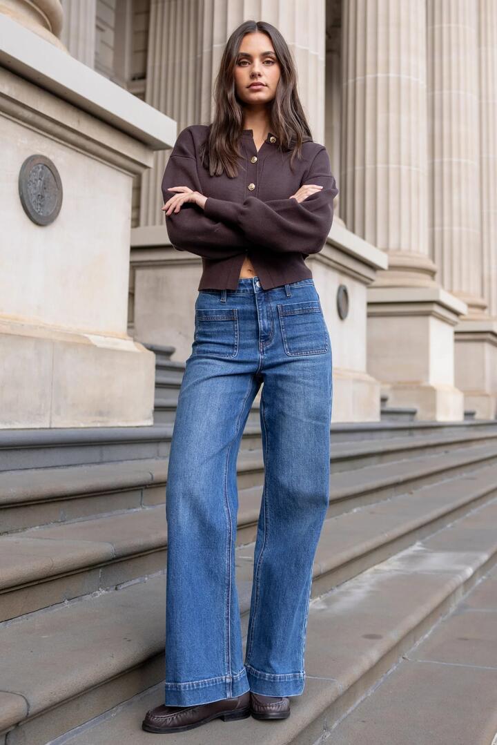 Image of Jeans. Product name - Zoey Marine Blue High Rise Wide Leg Pocket Jean in Marine Blue colour by brand - Among the Brave