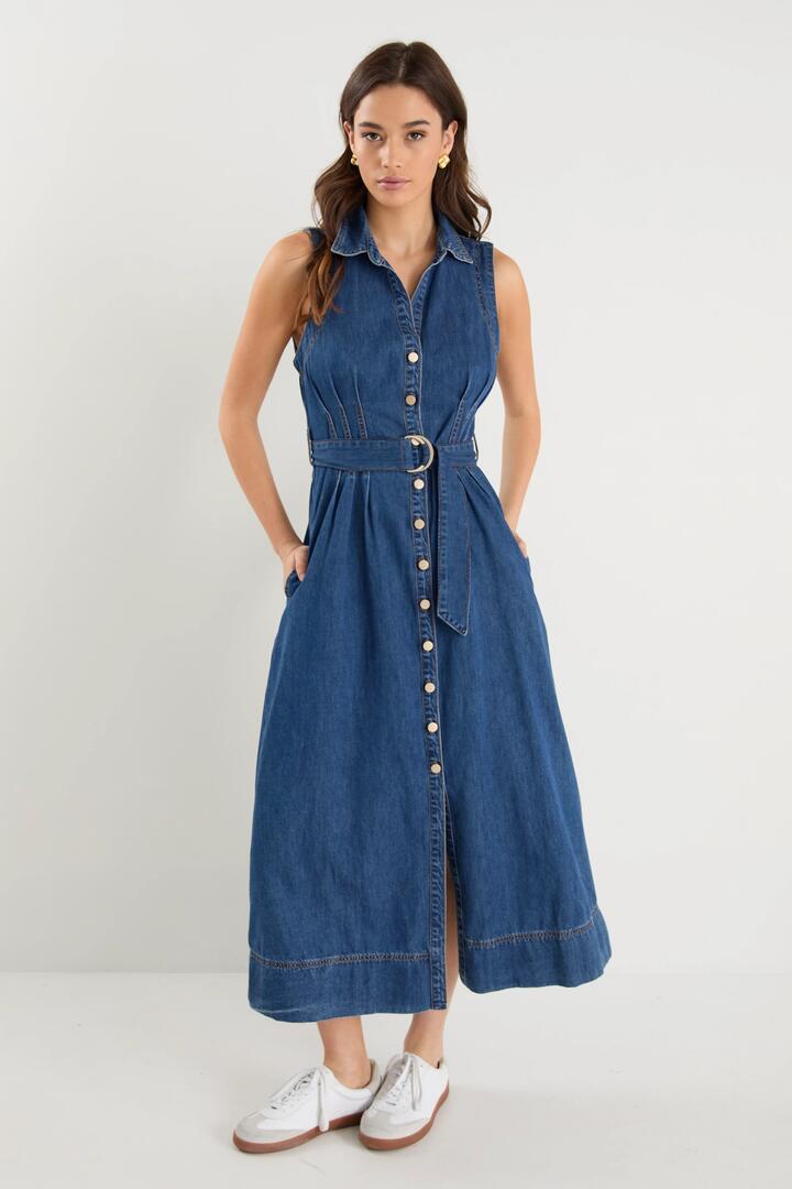 Image of Dresses. Product name - Crescent Storm Blue Denim Sleeveless Midi Shirt Dress in Storm Blue colour by brand - Among the Brave