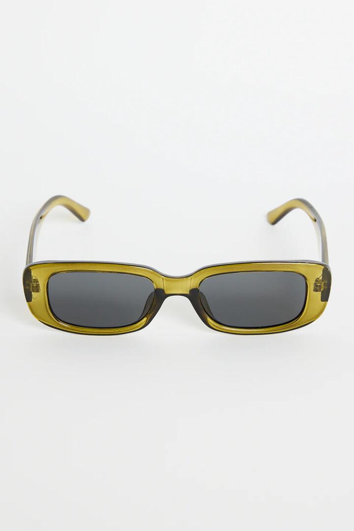 Image of Sunglasses. Product name - Malibu Olive Mist Narrow Rectangular Sunglasses in Olive colour by brand - Among the Brave