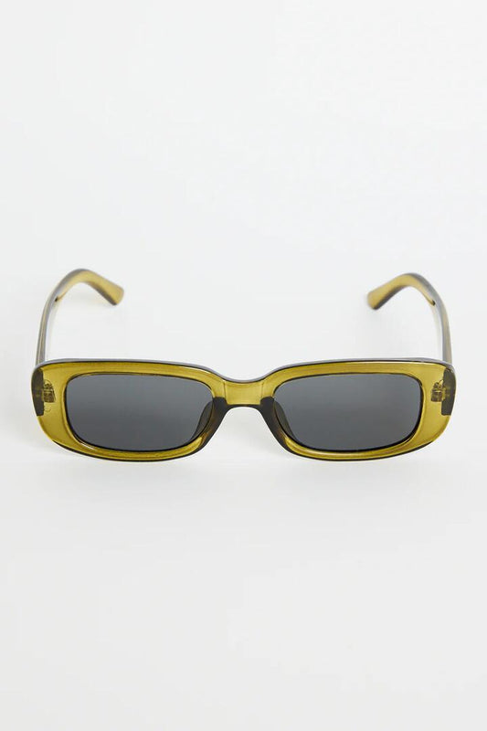 Image of Sunglasses. Product name - Malibu Olive Mist Narrow Rectangular Sunglasses in Olive colour by brand - Among the Brave