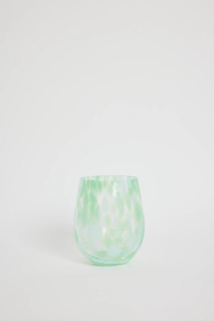 Image of Kitchen & Dining. Product name - Stemless Green Aqua Splatter Wine Glass in Green colour by brand - Willow & Mae