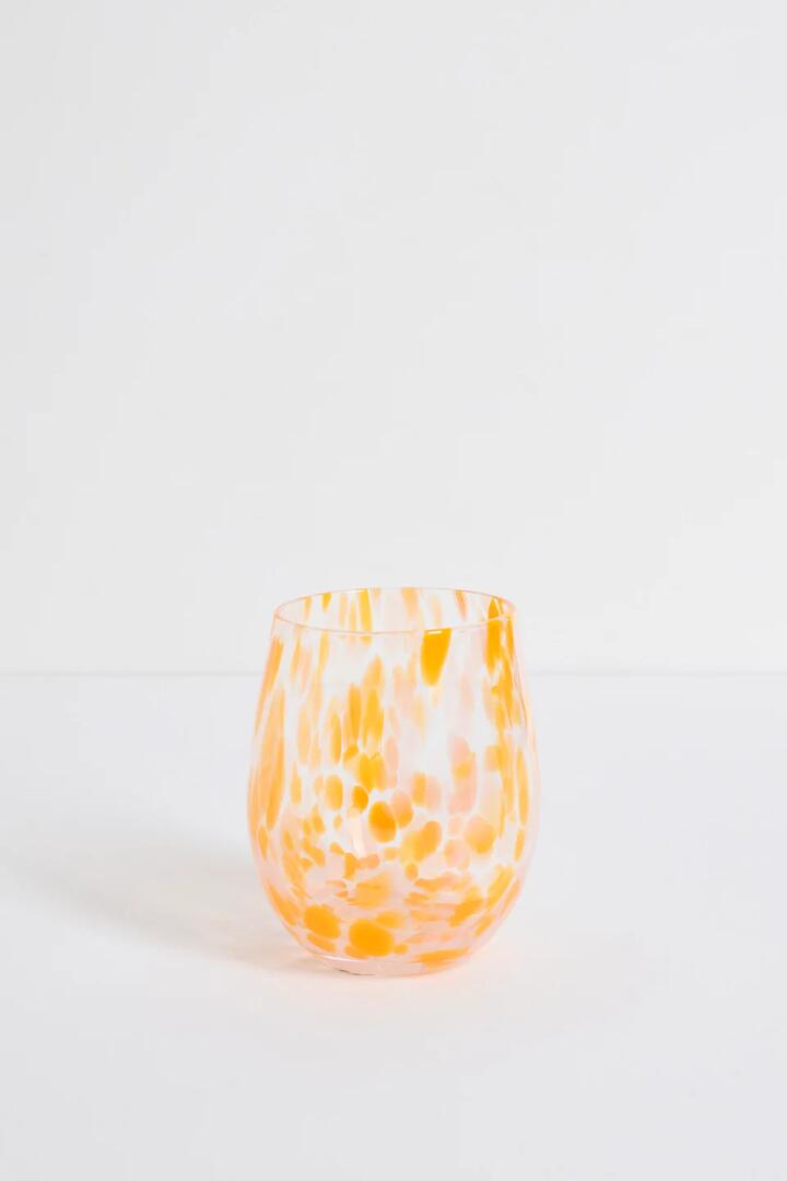 Image of Kitchen & Dining. Product name - Stemless Orange White Splatter Wine Glass in White colour by brand - Willow & Mae