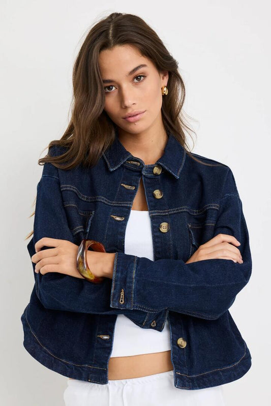 Image of Coats & Jackets. Product name - Echo Indigo Patch Pocket Denim Jacket in Indigo colour by brand - Among the Brave