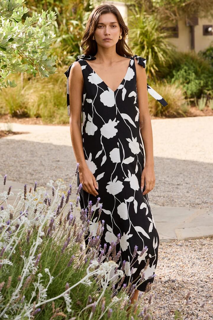 Image of Dresses. Product name - Spontaneous Black and White Floral Tie Shoulder Relaxed Midi Dress in Black And White Floral colour by brand - Stories be Told