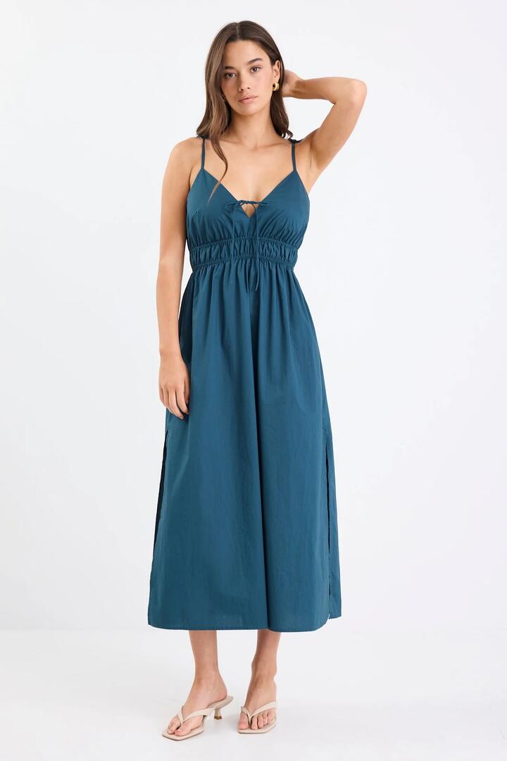 Image of Dresses. Product name - Cast Petrol Cotton Strappy Midi Dress in Petrol colour by brand - Among the Brave
