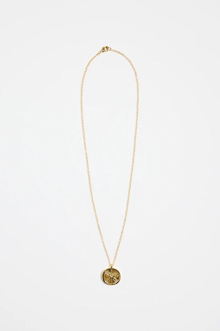 Image of Jewelry. Product name - Round Pendant with Charm 14k Gold Plate Necklace in Gold colour by brand - Stories be Told