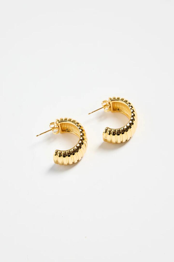 Image of Jewelry. Product name - Ridged 14k Gold Plate Huggie Stud Earring in Gold colour by brand - Stories be Told