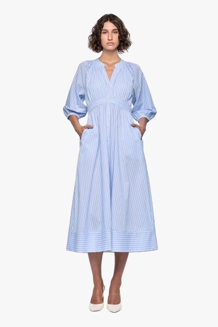 Image of Dresses. Product name - Myra Blue Stripe Mid Sleeve Midi Dress in Blue colour by brand - Staple The Label