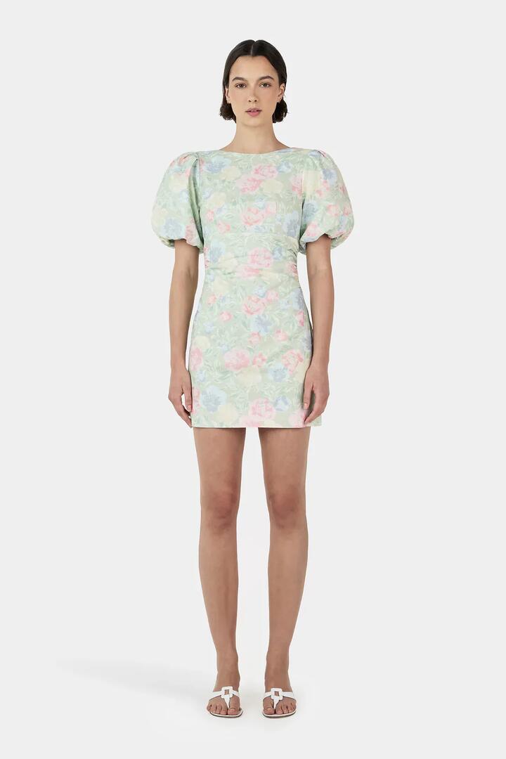 Image of Dresses. Product name - Kimberley Meadow Floral Puff Sleeve Mini Dress in Green colour by brand - Ownley