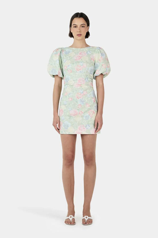 Image of Dresses. Product name - Kimberley Meadow Floral Puff Sleeve Mini Dress in Green colour by brand - Ownley