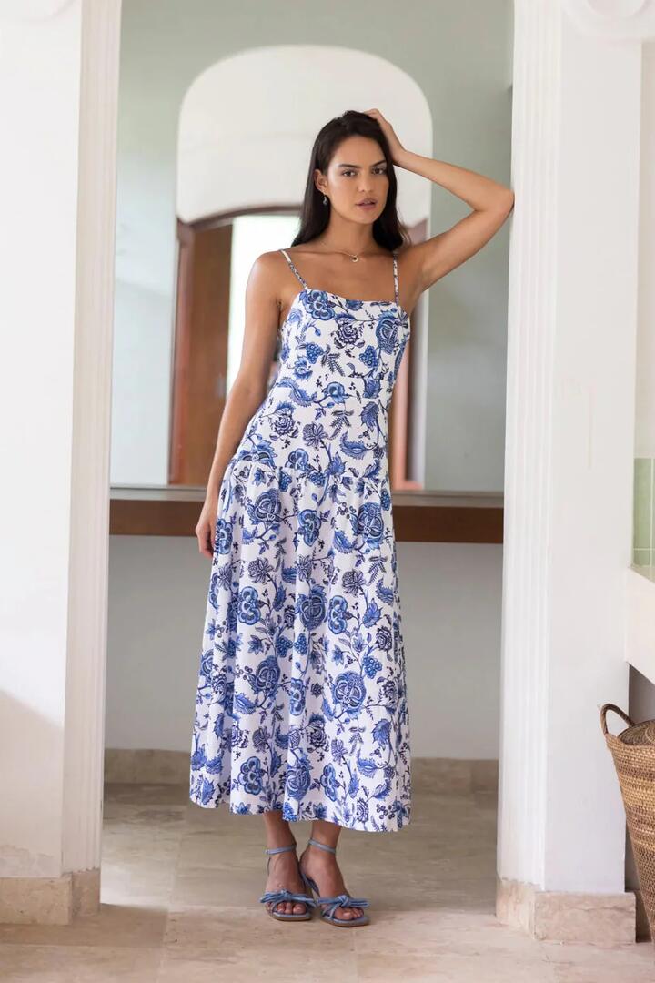 Image of Dresses. Product name - Celine Jardin Blue Print Strappy Midi Dress in Blue colour by brand - Humidity Lifestyle