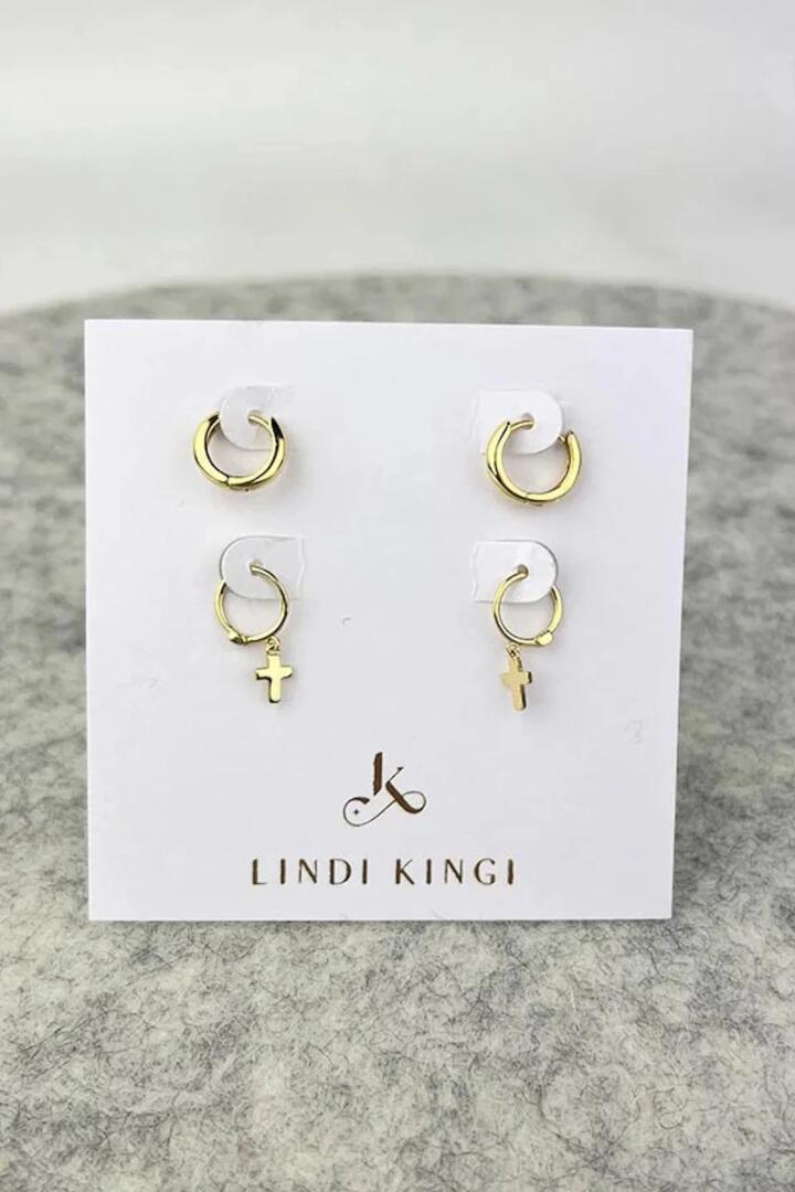 Image of Jewelry. Product name - Sleeper + Tiny Cross Gold Earring Set in Gold colour by brand - Lindi Kingi