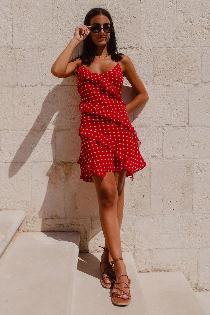 Image of Dresses. Product name - Passion Cherry Ditsy Polka Dot Bias Ruffle Mini Slip Dress in Cherry Ditsy Polka Dot colour by brand - Georgia Zoe