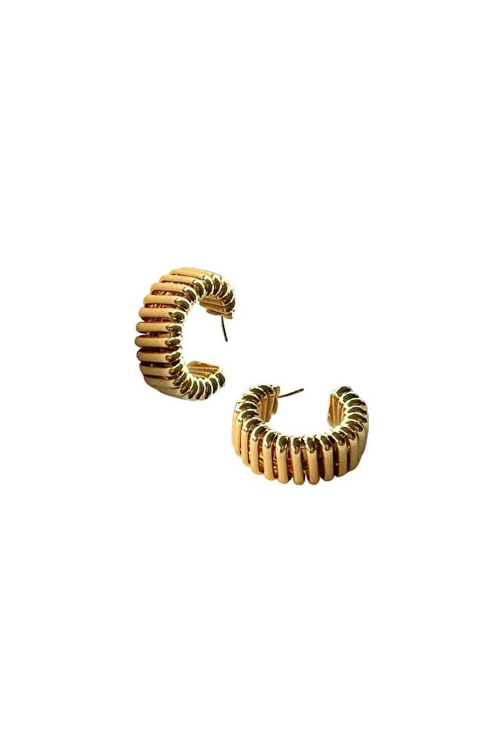 Image of Jewelry. Product name - Belloro Gold Ridged Hoop Earrings in Gold colour by brand - Lindi Kingi