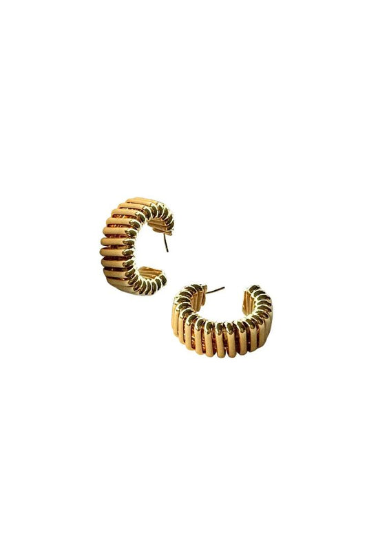 Image of Jewelry. Product name - Belloro Gold Ridged Hoop Earrings in Gold colour by brand - Lindi Kingi