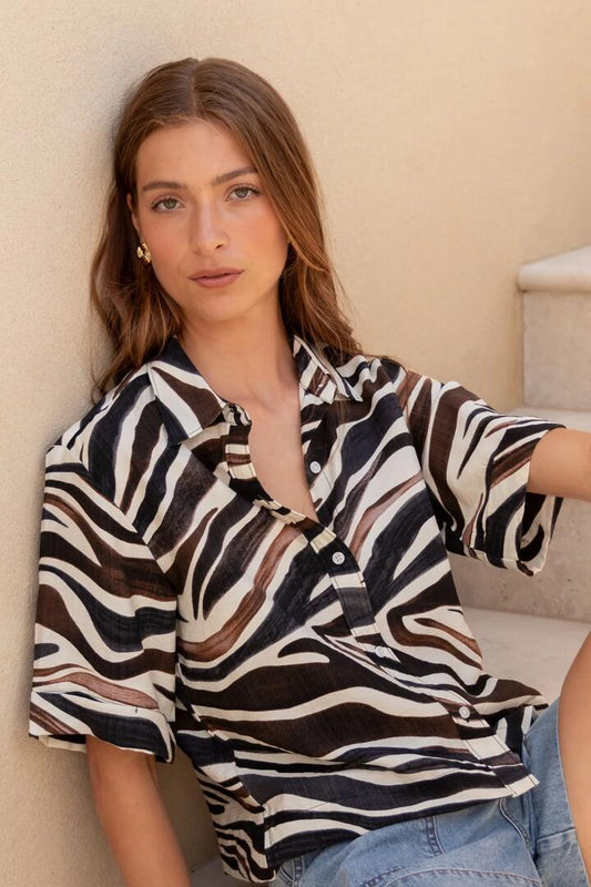 Image of Shirts. Product name - Entangle Chocolate Zebra Boxy SS Shirt in Chocolate Zebra colour by brand - Among the Brave