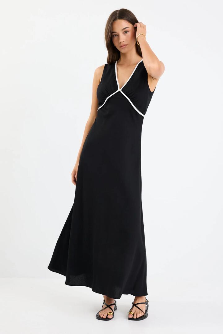 Image of Dresses. Product name - Aston Black Linen Blend Contrast Bias Flared Maxi Dress in Black colour by brand - Stories be Told