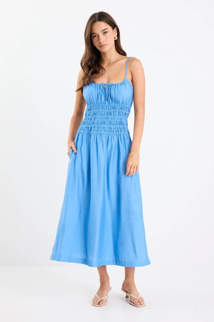 Image of Dresses. Product name - Balcony Bright Blue Strappy Shirred Midi Dress in Bright Blue colour by brand - Stories be Told