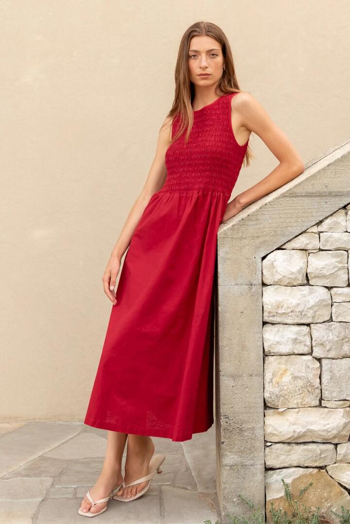 Image of Dresses. Product name - Bryar Plum Linen Blend Sleeveless Shirred Bodice Midi Dress in Plum colour by brand - RE:UNION Label