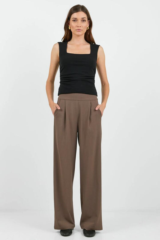 Image of a model wearing Pants. Product name - Instinctive Chocolate Twill Wide Leg Elastic Back Pants in Chocolate Twill colour by brand - Among the Brave