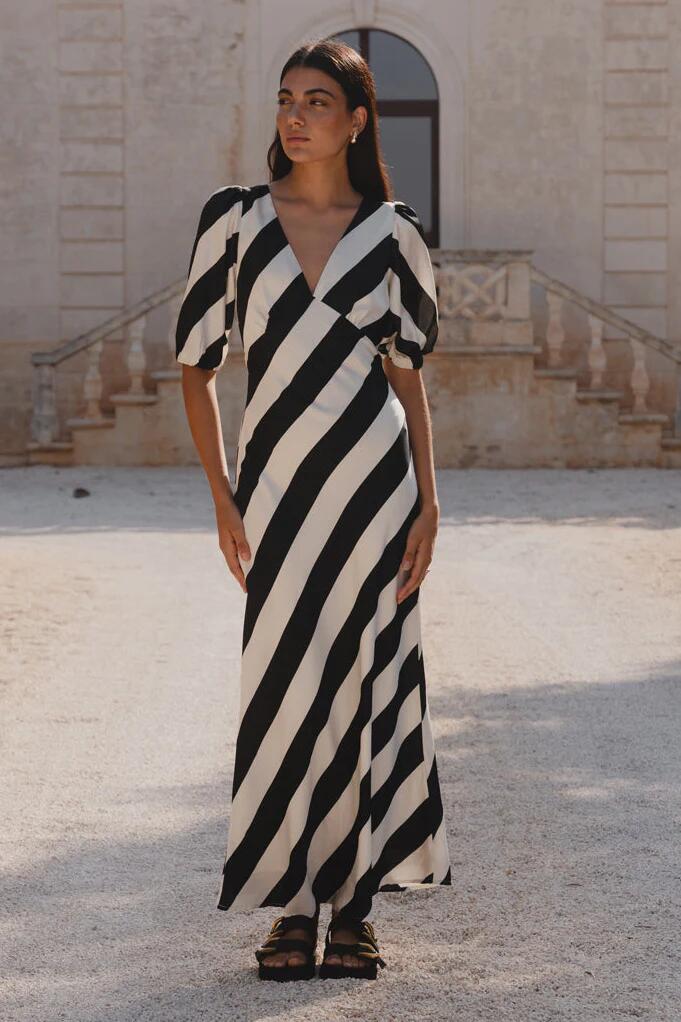 Image of Dresses. Product name - Amora Black White Stripe SS Bias Midi Dress in Black White Stripe colour by brand - Among the Brave