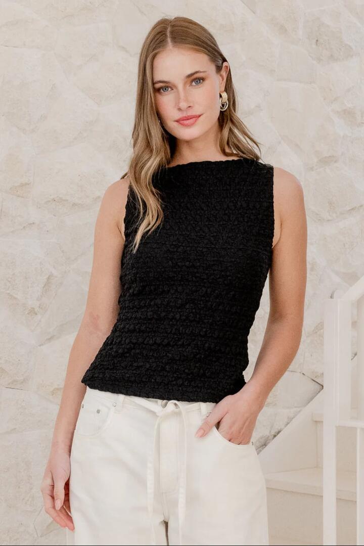 Image of a model wearing Tops. Product name - Untamed Black Lace Sleeveless Boatneck Top in Black Lace colour by brand - Among the Brave