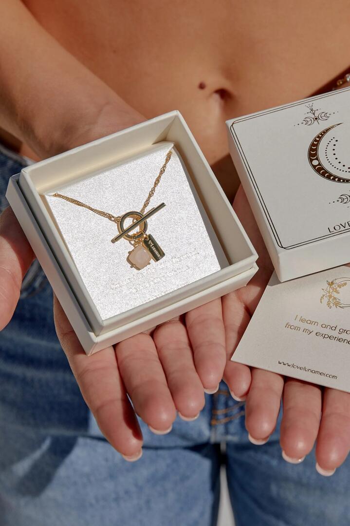 Image of Jewelry. Product name - Pure 18k Gold Plate with Rose Quartz Fob Necklace in Gold colour by brand - Love Lunamei