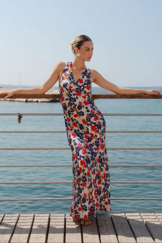 Image of Dresses. Product name - Aston Blue Red Poppy Satin Bias Flared Maxi Dress in Blue Red Poppy colour by brand - Stories be Told