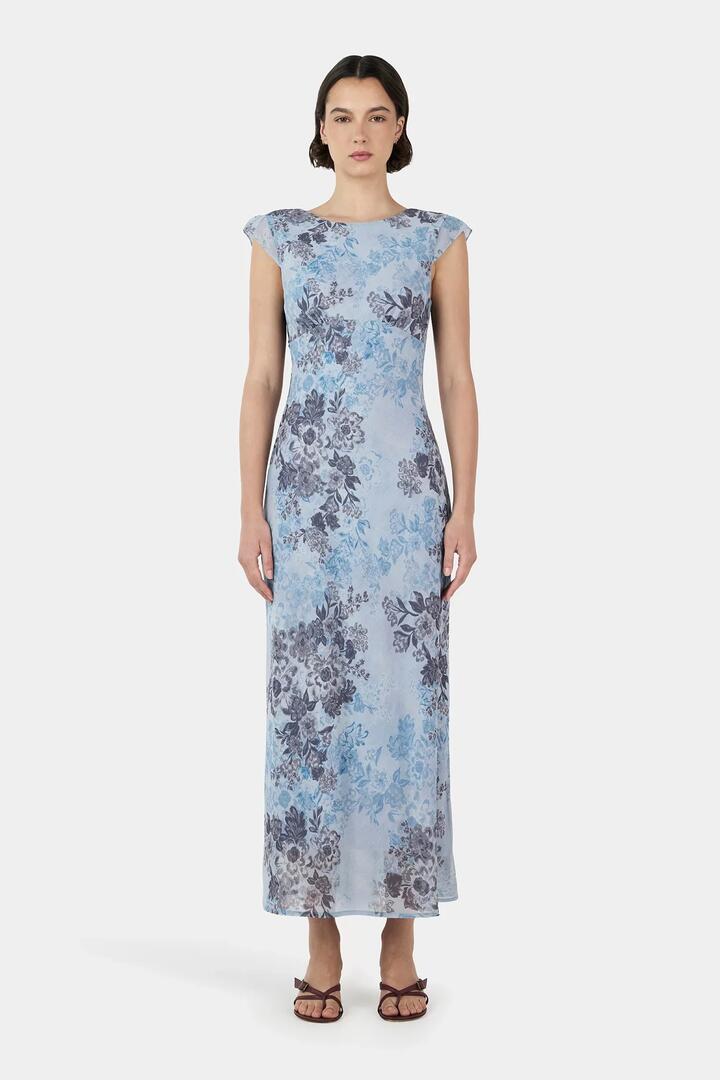 Image of Dresses. Product name - Cabello Blue Jasmine Low Back SS Midi Dress in Blue colour by brand - Ownley