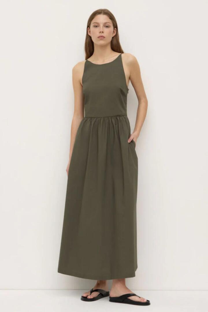 Image of Dresses. Product name - Posie Moss Sleeveless High Neck Cotton Midi Dress in Green colour by brand - Assembly Label