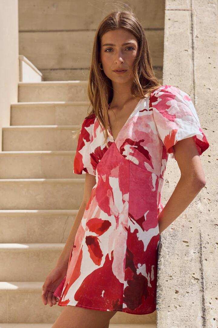 Image of Dresses. Product name - Adelaide White Poppy Floral Puff Sleeve Panelled Mini Dress in White Poppy Floral colour by brand - Among the Brave