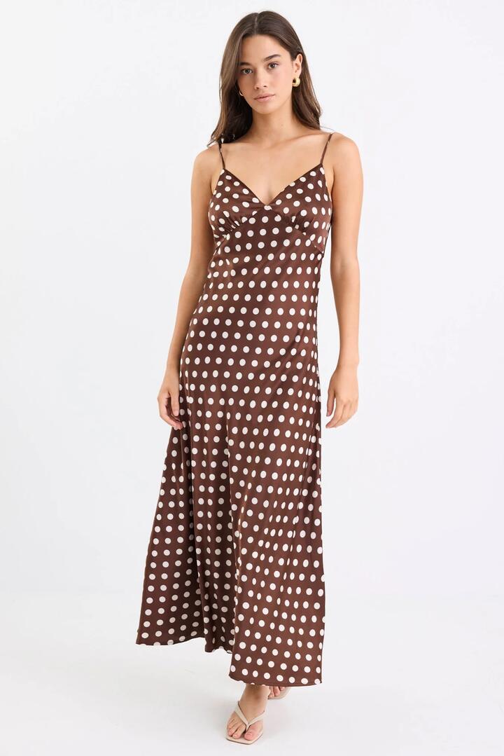 Image of Dresses. Product name - Otherworldly Chocolate Polka Dot Satin Bias Slip Midi Dress in Chocolate Polka Dot colour by brand - Among the Brave