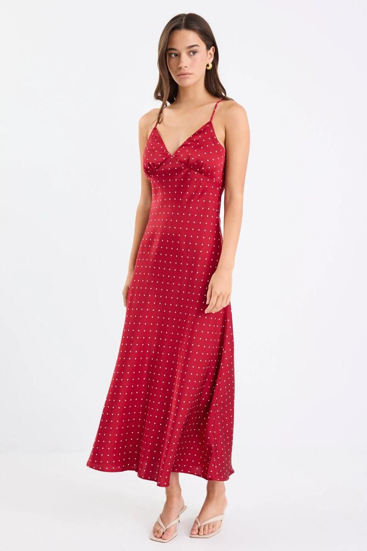 Image of Dresses. Product name - Otherworldly Red Polka Dot Satin Bias Slip Midi Dress in Red Polka Dot colour by brand - Among the Brave