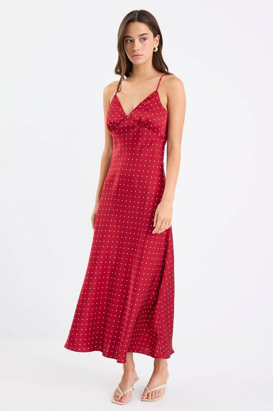 Image of Dresses. Product name - Otherworldly Red Polka Dot Satin Bias Slip Midi Dress in Red Polka Dot colour by brand - Among the Brave