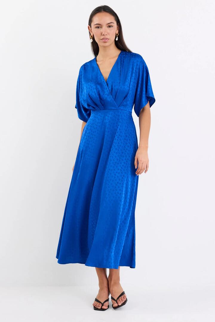Image of Dresses. Product name - Picasso Electric Blue Satin Jacquard SS Kimono Midi Dress in Electric Blue colour by brand - Among the Brave