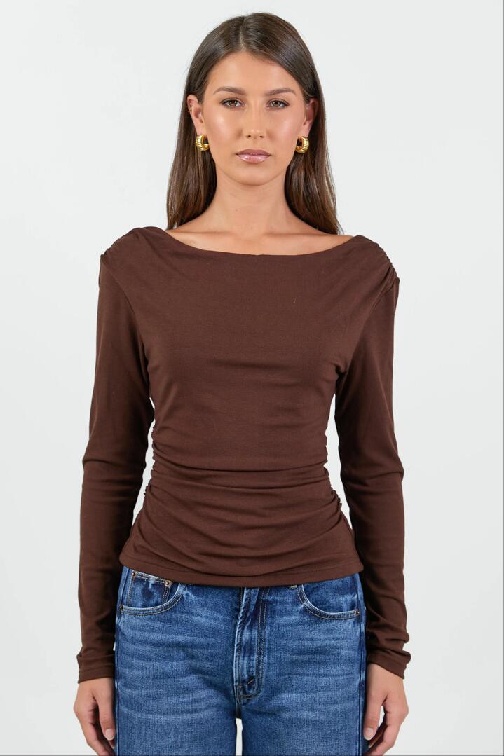 Image of a model wearing Tops. Product name - Alley Chocolate Rib Asymmetric Neck LS Top in Chocolate colour by brand - Ivy + Jack