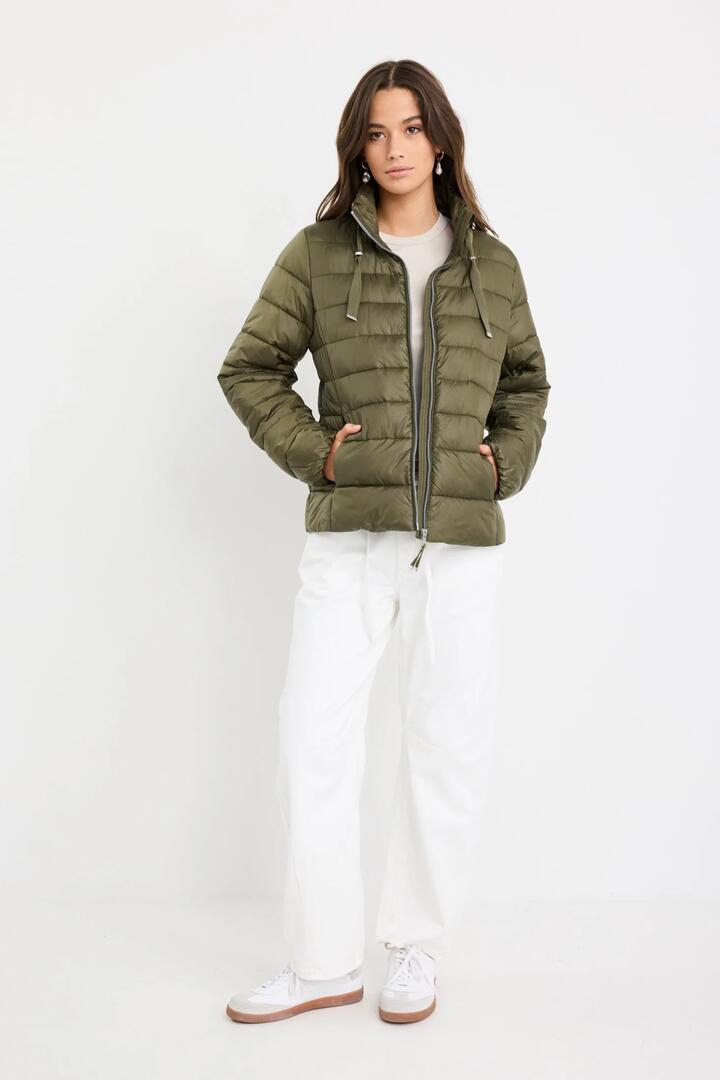 Image of Coats & Jackets. Product name - Caption Khaki Slimline Drawcord Puffer Jacket in Khaki colour by brand - Among the Brave