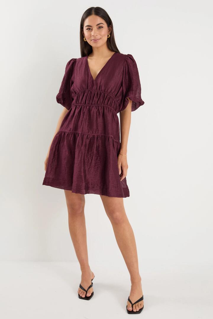 Image of Dresses. Product name - Axel Burgundy Plum Puff Sleeve V Neck Mini Dress in Burgundy Plum colour by brand - Georgia Zoe