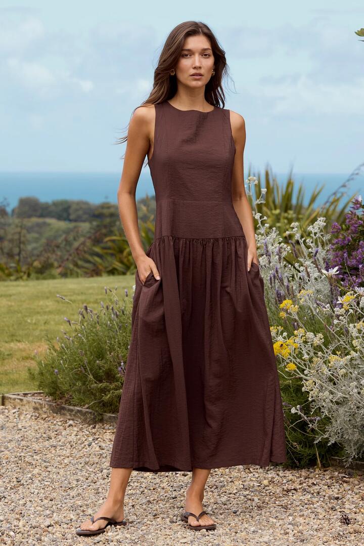 Image of Dresses. Product name - Results Chocolate Structured Sleeveless Maxi Dress in Chocolate colour by brand - Stories be Told