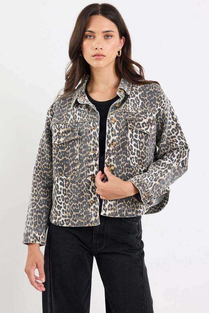 Image of Coats & Jackets. Product name - Echo Leopard Print Patch Pocket Denim Jacket in Leopard colour by brand - Among the Brave