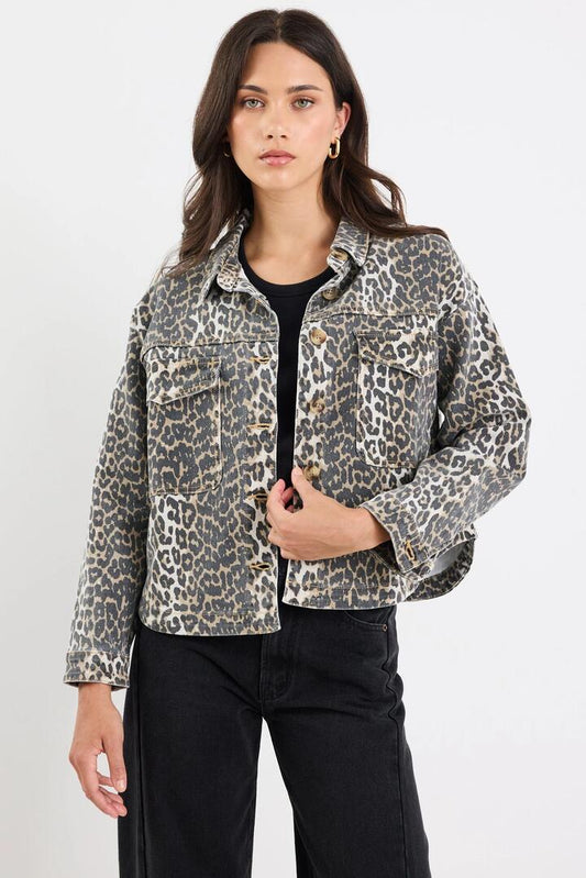 Image of Coats & Jackets. Product name - Echo Leopard Print Patch Pocket Denim Jacket in Leopard colour by brand - Among the Brave