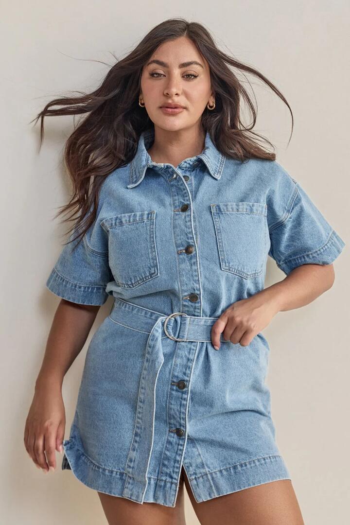 Image of Dresses. Product name - Sunny Light Blue SS Denim Mini Dress in Blue colour by brand - All About Eve