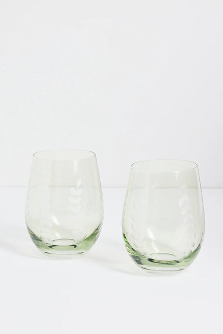 Image of Kitchen & Dining. Product name - Olive Green Etched Leaf Set 2 Stemless Wine Glasses in Green colour by brand - Willow & Mae